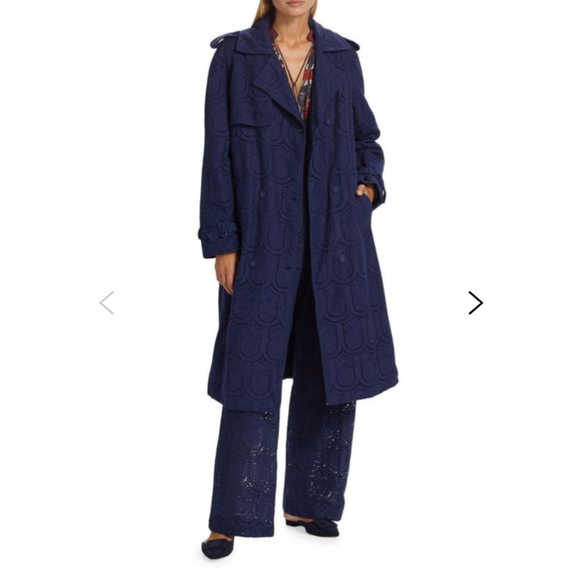 Women's Farm Rio Navy Blue Eyelet Lace Trench Coat Size S